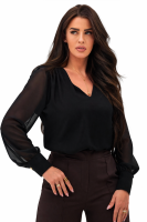 Elegancka bluzka damska z szyfonowym długim rękawem dekolt V mankiety z guzikiem - czarna